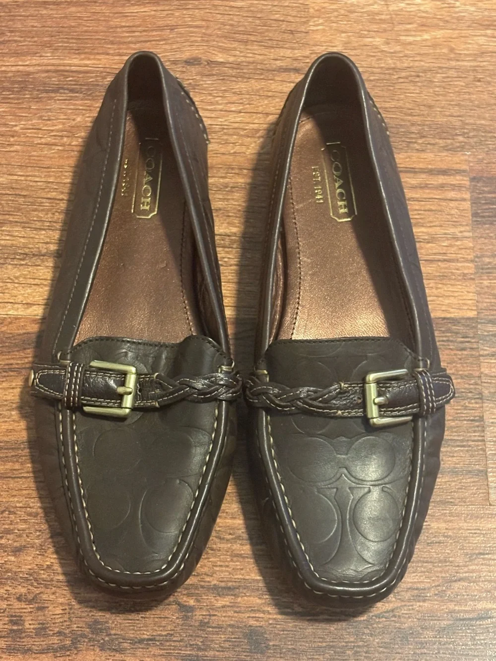 Coach Saidey Brown Leather Monogramed Embossed Flats Size 8.5